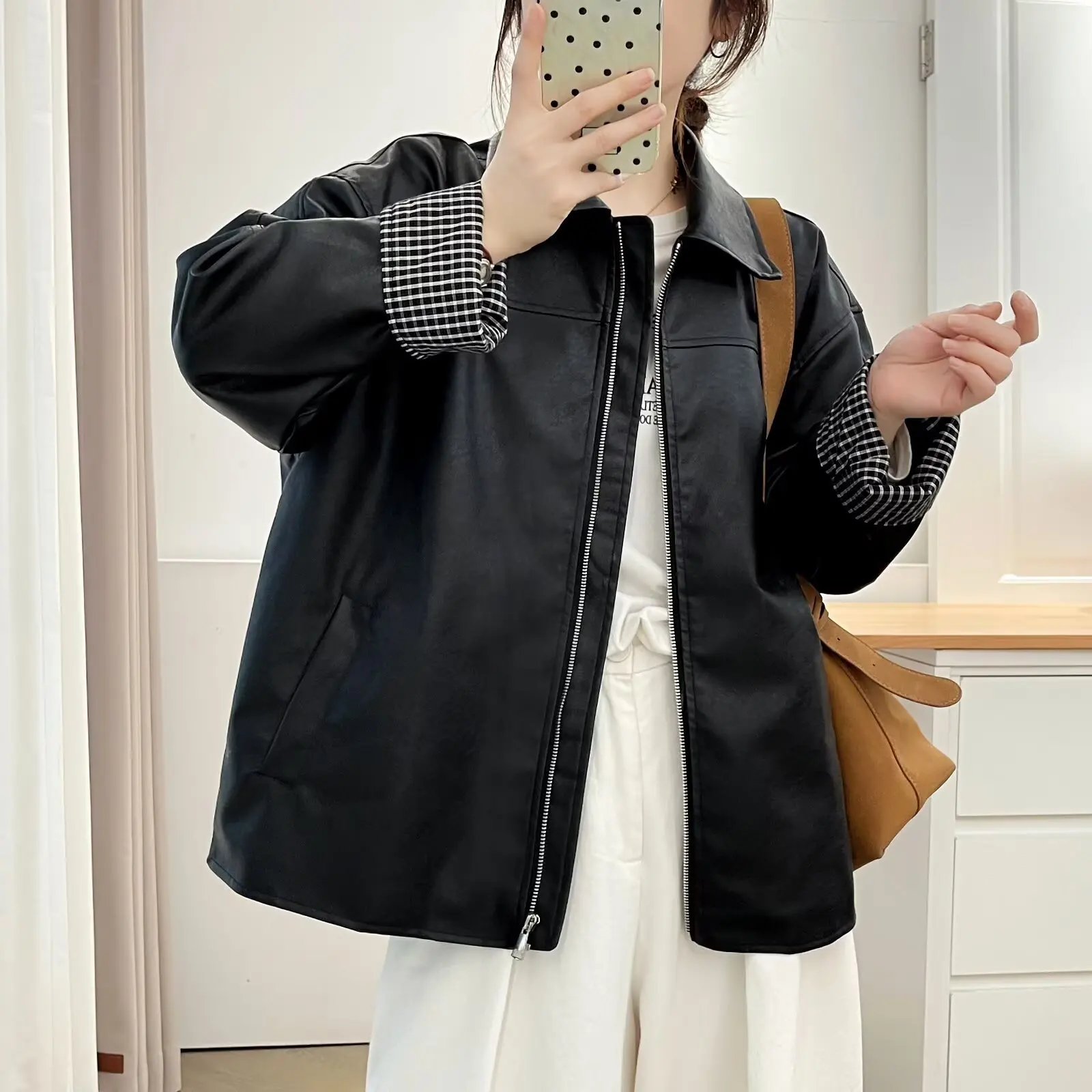 

Fashion Plus Size Women's PU Leather Jacket Autumn New Style Plaid Cuffs Casual Loose Black Zipper Coat 2532