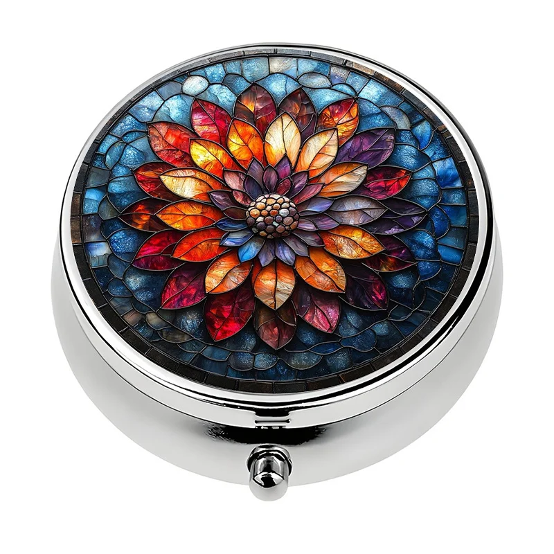 1 mini pill box with 3 compartments, featuring a floral stained glass art design, a mini decorative pill box, a unique gift for organizing vitamins and medication, suitable for carrying in a handbag or