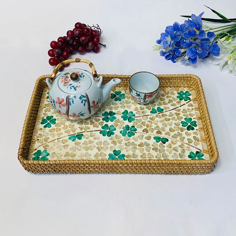 اليدوية الروطان مستطيلة أربع أوراق البرسيم شل صينية ثلاث قطع مجموعة 36*22 /20*20*10 سنتيمتر