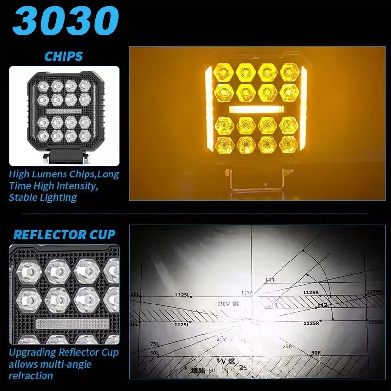 4Inch 16LEDs Work LED Headlight 48W Fog Light 12V 24V Amber Flash For Motorcycle Car Truck UTV Offroad Light