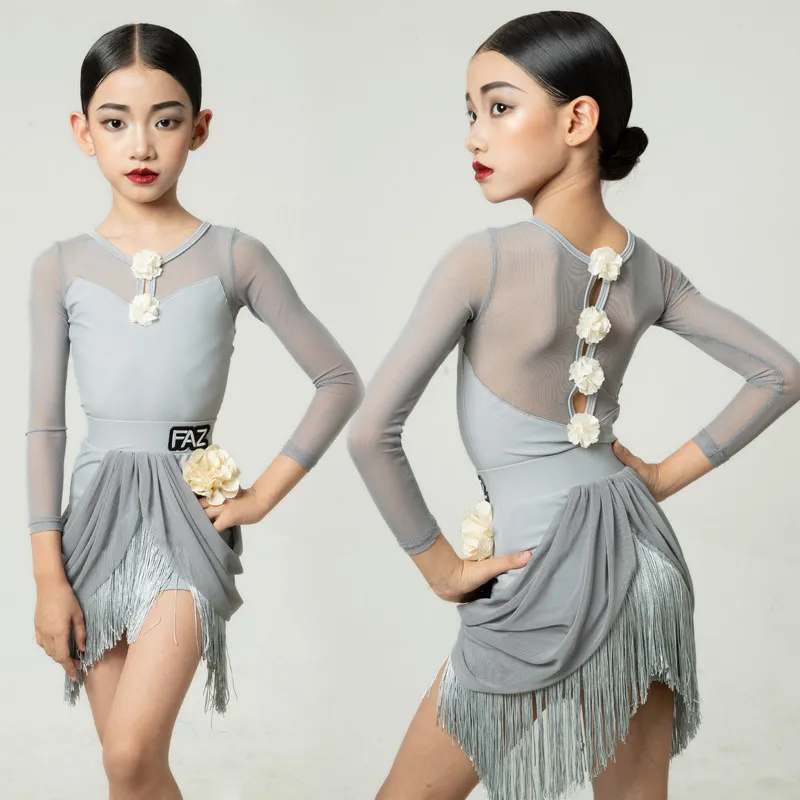 Kids Light Gray Mesh Floral Tassel Latin Dance Dress Professional Stage Performance High-end Fringe Clothings For Daily Practice