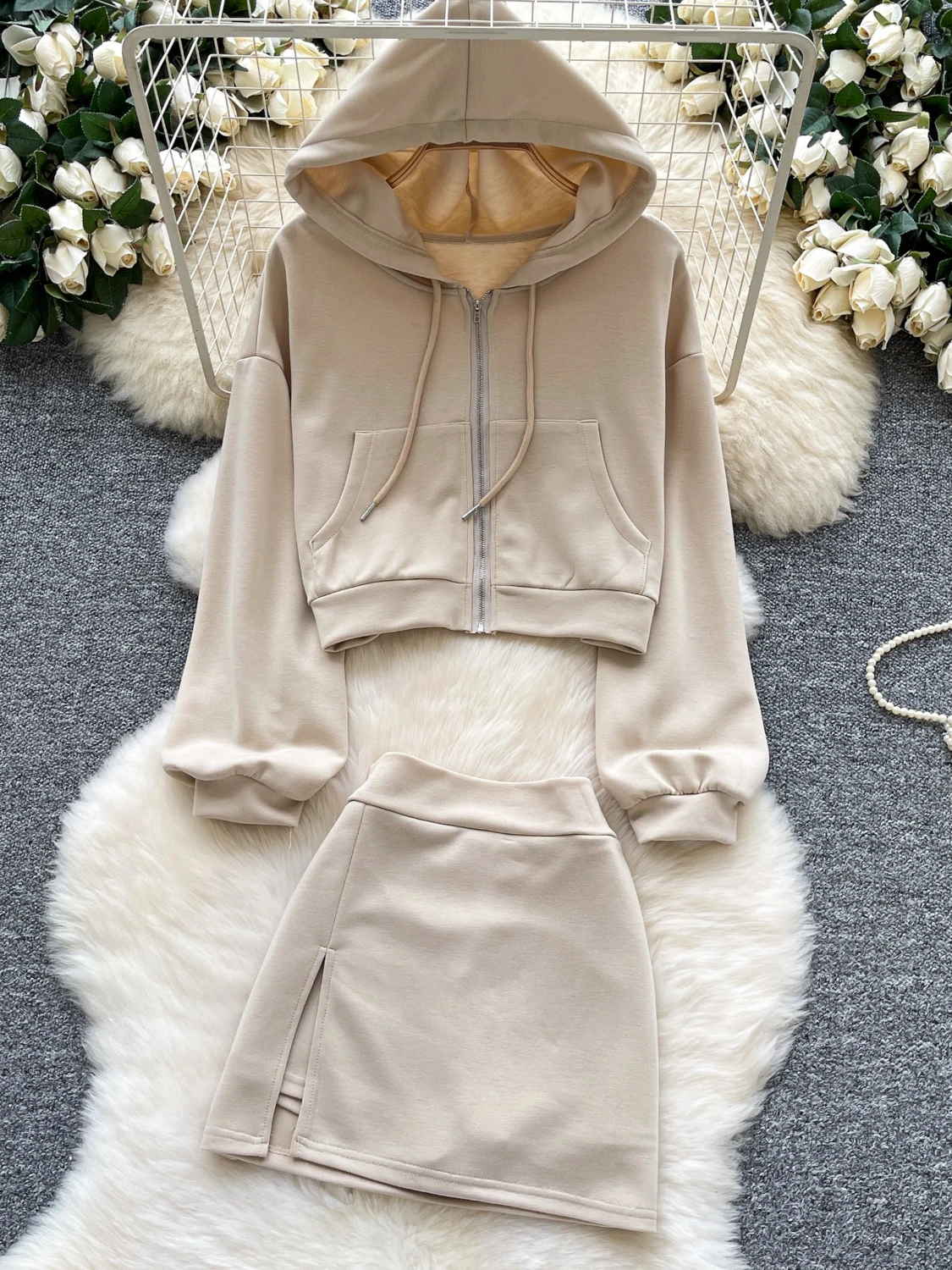 Conjunto de Dos Piezas para Mujer, Suda Informal con Cremallera y Falda Corta de Cintura Alta con Abertura, Estilo Versát...