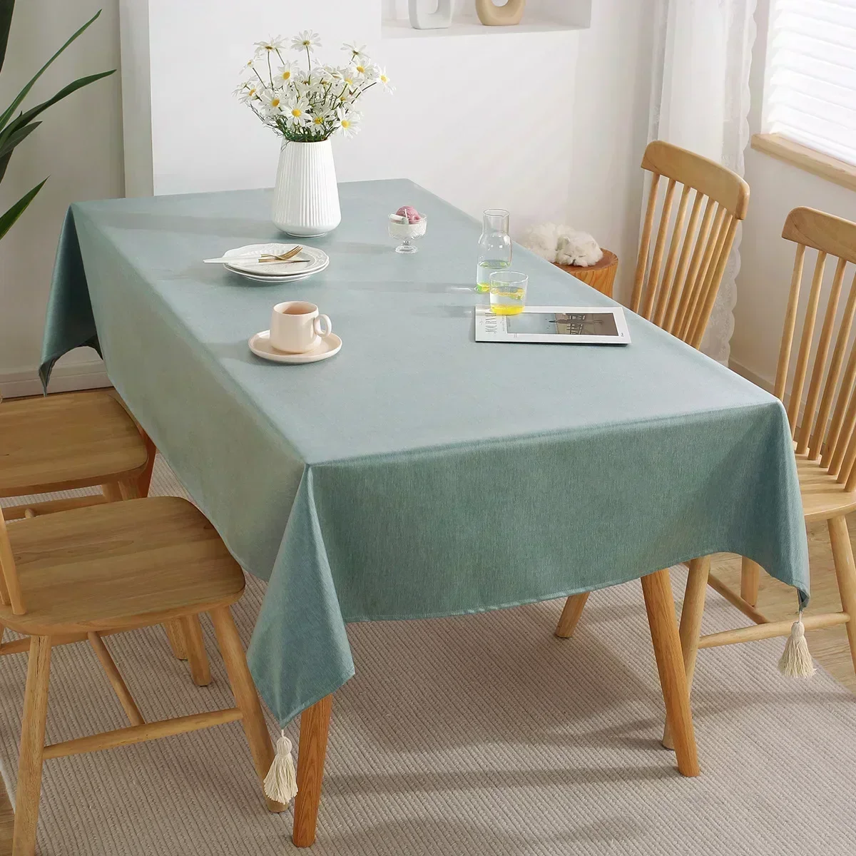 

2024 New tablecloth, tablecloth, pure cotton satin pattern, rectangular restaurant skyblue