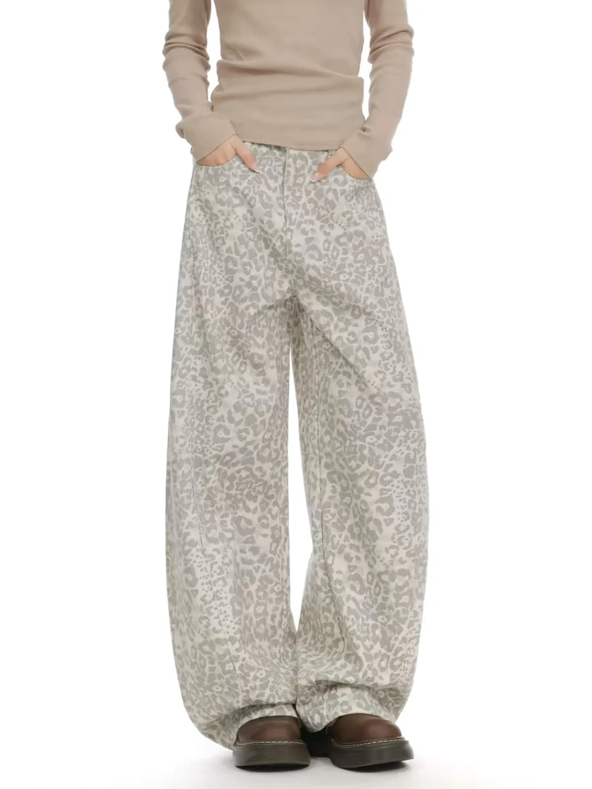 High Waist Wide Leg Casual Pants Women's Loose Fit Draped Leopard Print Comfortable Fall Season Hip Hop Style Floor Length Jeans