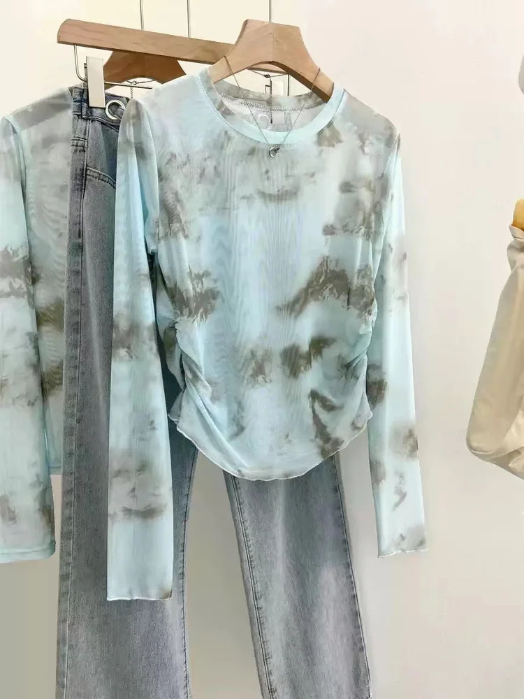 Summer Tie Dye Mesh Base Shirt Women's Thin Semi Transparent Long Sleeve Slim Fit Sun Protection T Shirt round Neck Printed Top