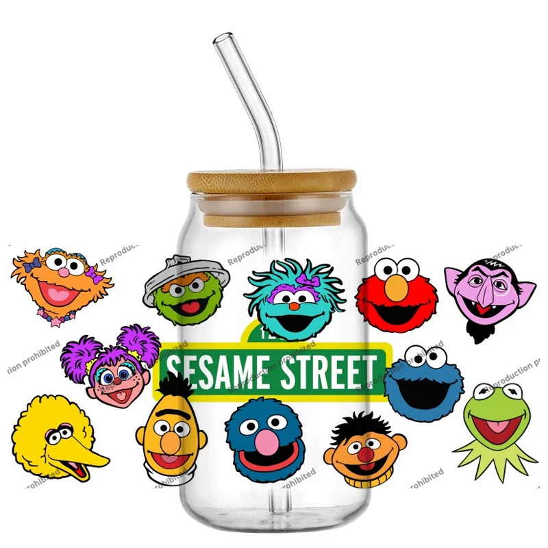 New 15 Design Popular TV shows Sesame Cartoon Elmo Bert 16oz UV DTF 3D Sticker Decals Wraps Glass Can Cups Craft DIY Gift
