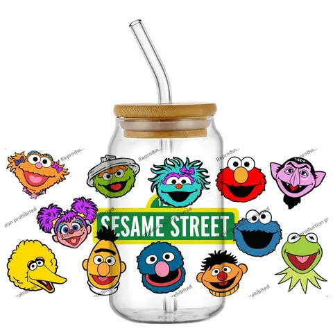 New 15 Design Popular TV shows Sesame Cartoon Elmo Bert 16oz UV DTF 3D Sticker Decals Wraps Glass Can Cups Craft DIY Gift