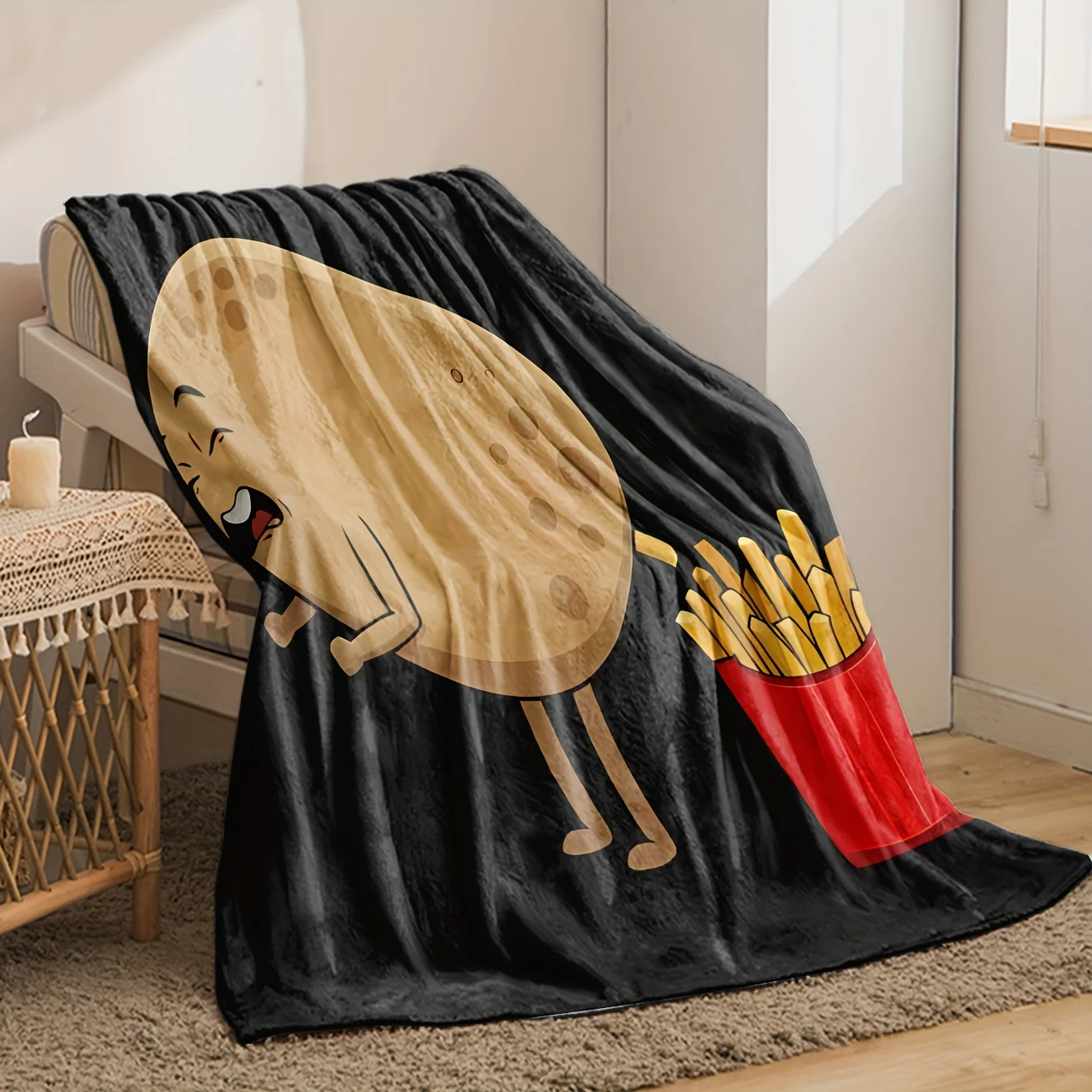 1 Stück Winter-Flanelldecke mit Pommes-Frites-Design, weicher, warmer und reißfester Überwurf für Sofa, Bett oder Büro