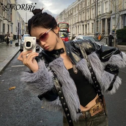 RORORIRI Faux Fur Stitch Leather Cropped Jacket Women Belted Plush Coat Biker Moto Winter Outwear Dark Punk Grunge Streetwear