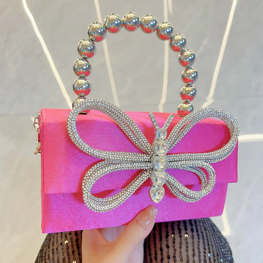 

Luxury Bow Designer Silk Small Square Bags Box Crystal Shiny Diamonds Evening Bag Women's Handbag Wedding Party Clutch Purse Sac
