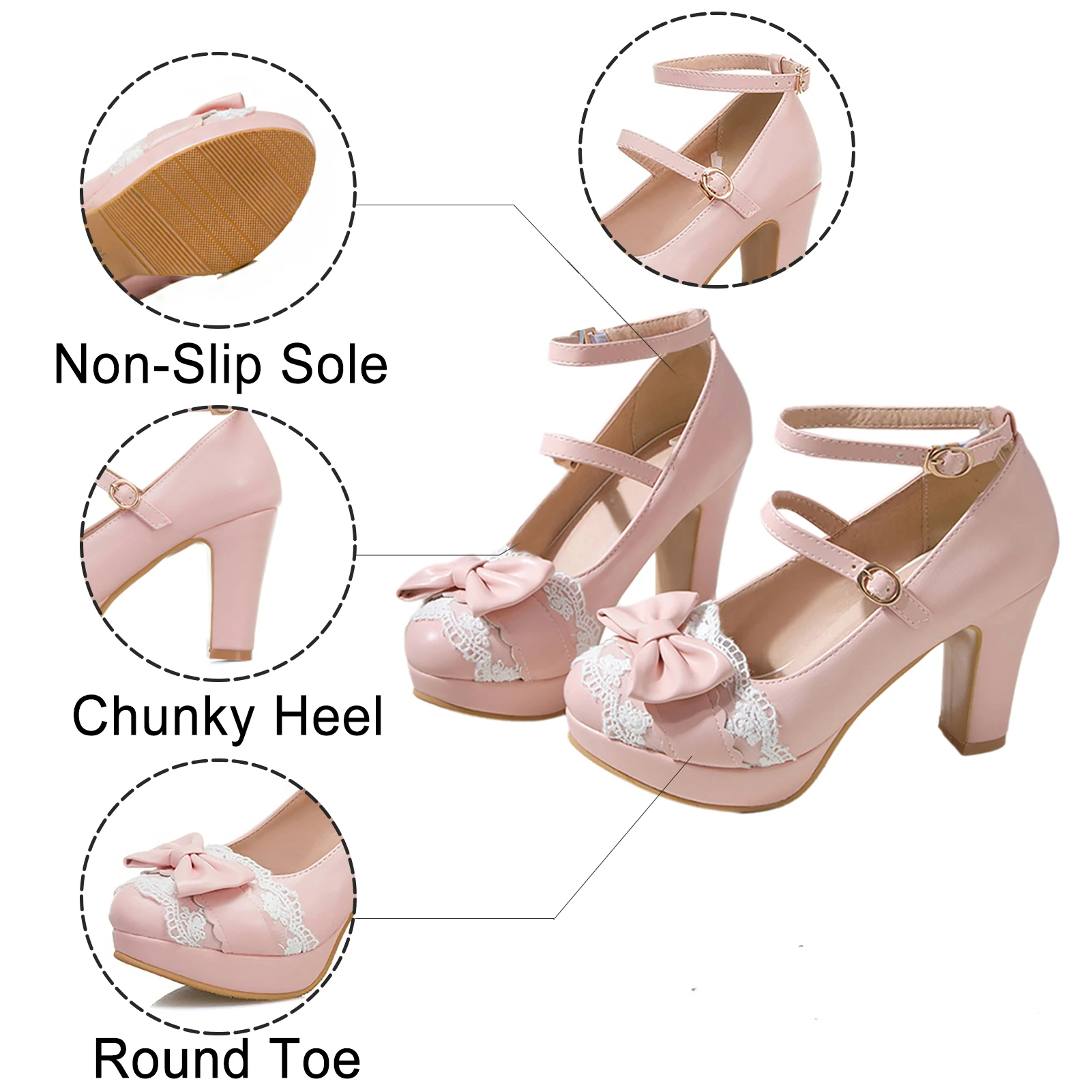 Mary Janes Heels for Women Cute Platform Heels with Bow Lace Closed Toe Kawaii Shoes Vintage Dress Shoes White/Pink - view 7