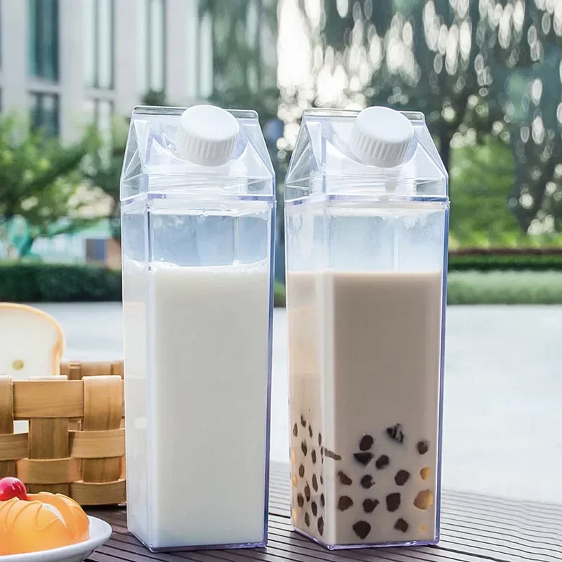 

1pc/2pcs Leakproof Square Milk Bottle with Clear Pattern - Portable Plastic Juice Cup for Travel and Home Use