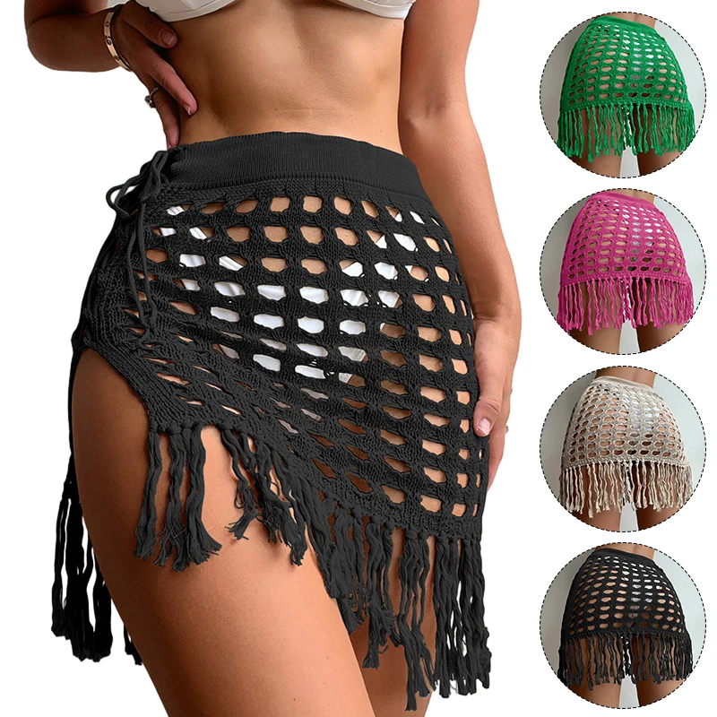 

Womens Beach Cover-Ups Solid Color See-Through Hollowed Short Skirt Tassels Decor Swim Panties Covering Clothes S-Xl