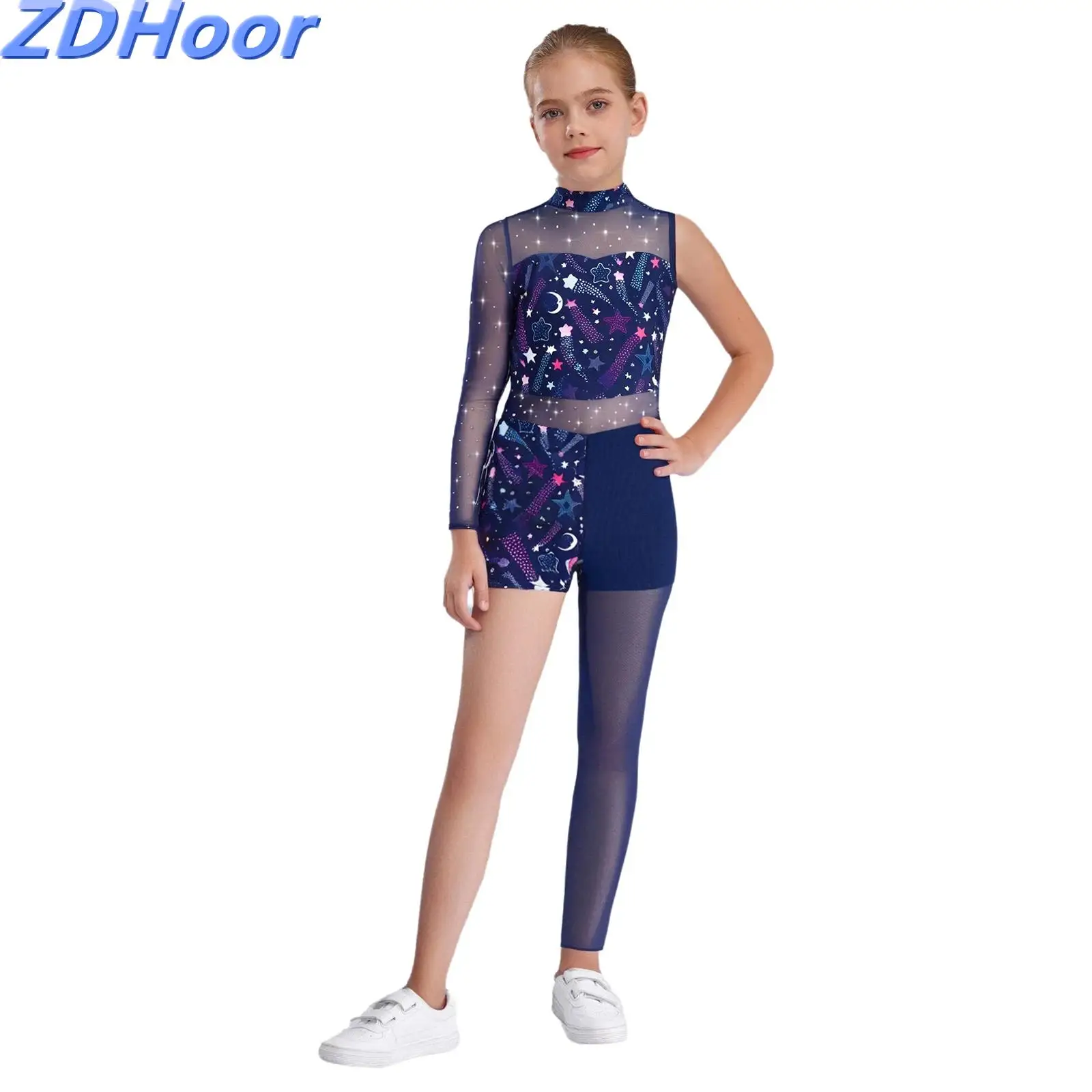 

Kids Girls Printed Gymnastics Leotard Shiny Rhinestones Sheer Mesh Patchwork Asymmetrical Bodysuit
