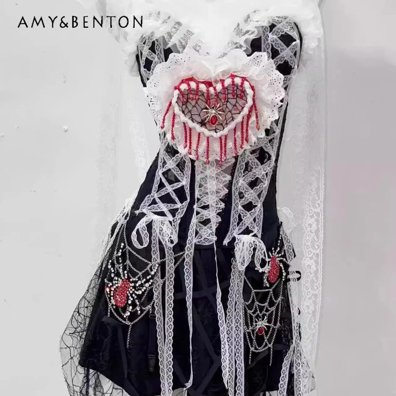 

Original Design Black White Y2K Love Female Sling Short Skirt European American Punk Goth Sexy Mini Short Skirts Suit Ladies