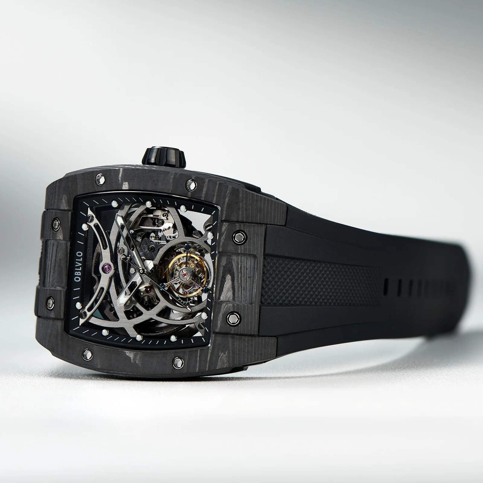 Imagem -02 - Oblvlo-relógio Automático All Black Tourbillon Esqueleto Esportivo Luminous Wine Barrel Caixa de Fibra de Carbono Rubber Strap All Black Em-rt Marca Top