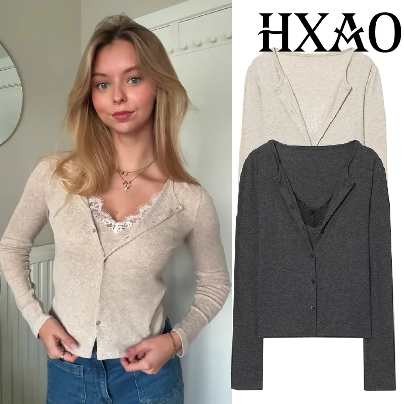 

HXAO женские кружевные топы, кардиганы, укороченный кардиган с длинными рукавами, женский осенний трикотаж на пуговицах, пальто с v-образным вырезом, элегантные свитера, куртка