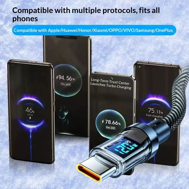 120W PD Fast Charging USB-C Cable Transparent LED Display, Braided Quick Charge Data Cord For iPhone 16 Huawei Tablet 27W