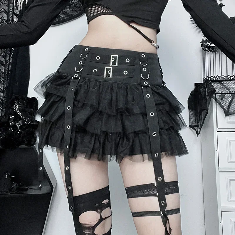 Harajuku Skirt Gothic Dark Women Cyberpunk Y2k E-girl Streetwear Hip Hop Eyelet Ribbons Mesh Patchwork Cake Skirt Female