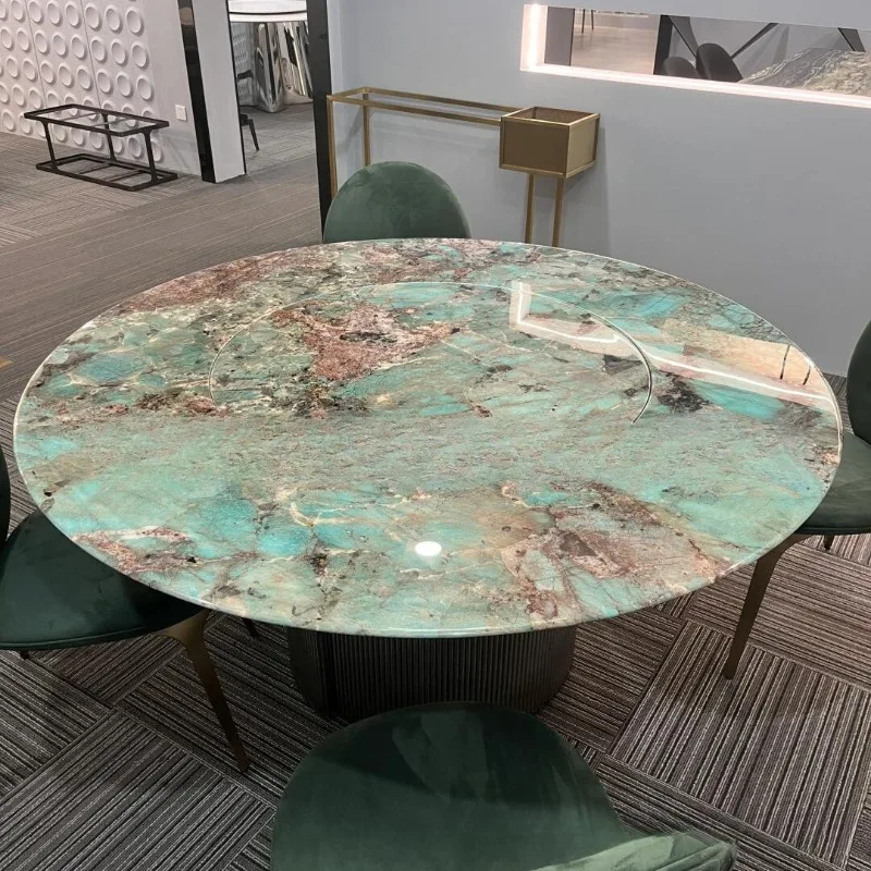 Green luxury stone slate dining table round table, natural marble stone luxury stone processing