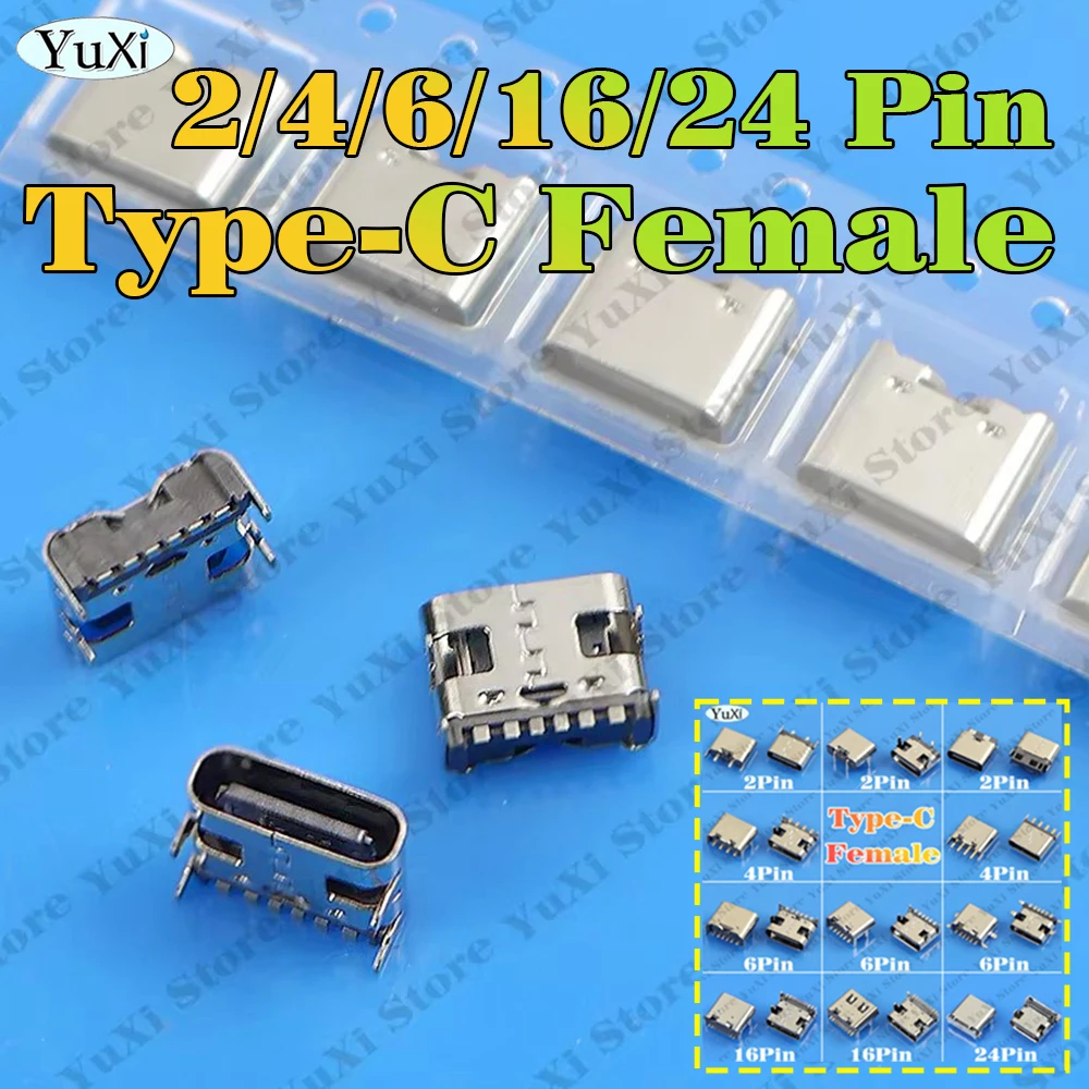 USB Type-C Connector Female Port Jack Socket 2/4/6/16/24Pin Charging Port SMD SMT PCB Solder USB-C Type C Tail Plug DIY Repair