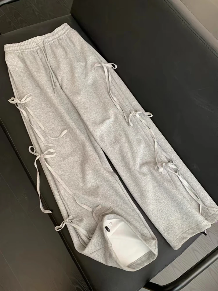 Spring Korean Style Wear Gray Casual Top Female 2024 New Bow Design Super Sweet High Waist Slim Wide Leg Pants two-piece suit