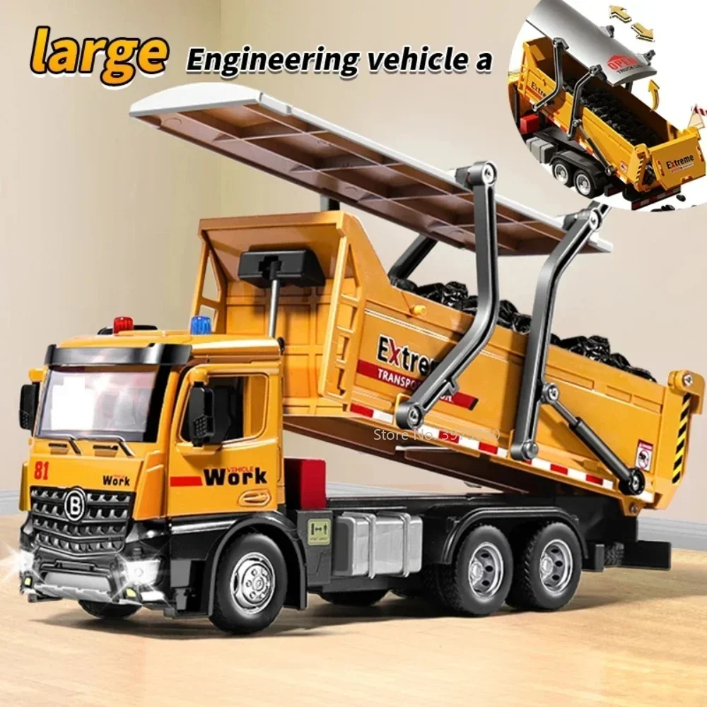 11.4 Inches Engineering Tipper Truck Vehicle Alloy Diecast Model Simulation Trailer Toy with Light Vocalize Rescue Truck for Boy