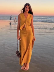 Foridol Vest+Skirt 2 Pcs Dress Set Outfits Women Autumn Summer Elegant Slit Maxi Dress Suit Office Yellow Midi Dress Set 2024