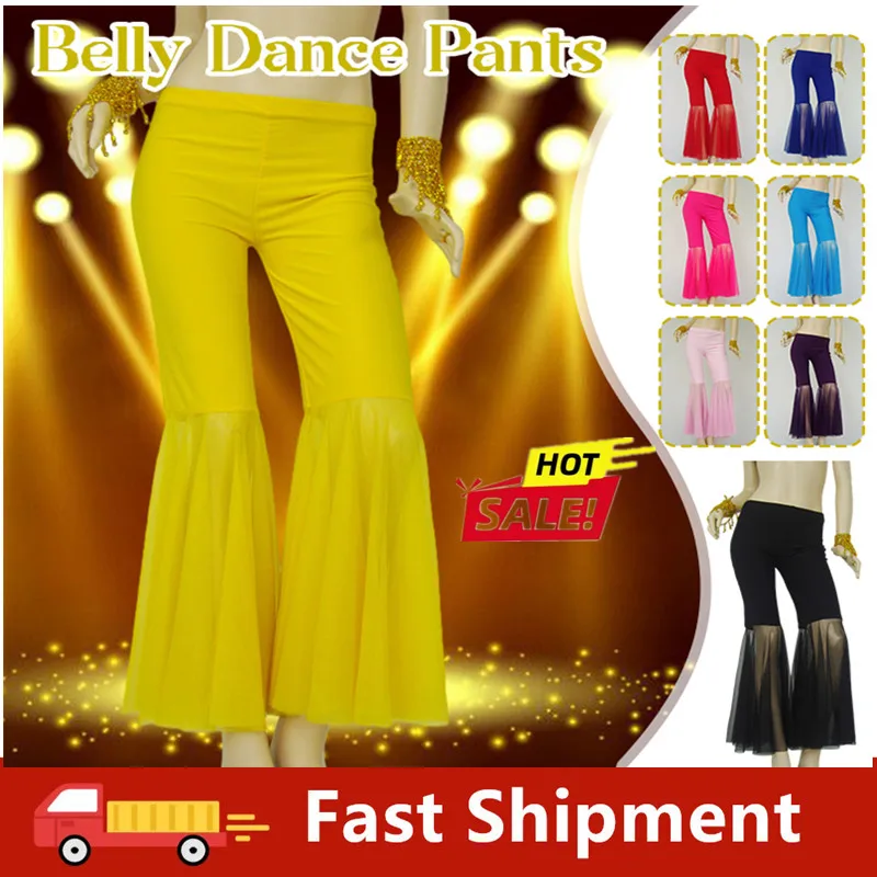 

Belly Dance Costumes Practice Pants Women Crystal Cotton Mesh Flares Tribal Dance Long Pant Solid Color Performance Stage Pants