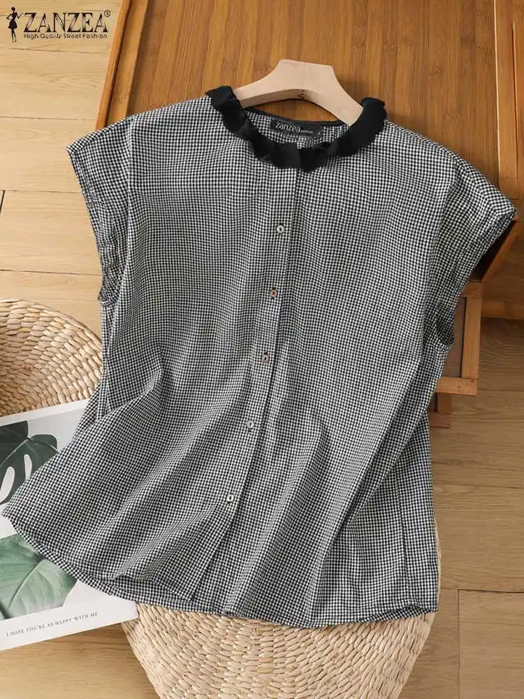 Zanzea Casual Losse Koreaanse Chique Blusas Vrouwen Geruit Y 2K Blouse Mode Ruche Kraag Shirts Mode Zomer Cap Mouw Tops Tuniek