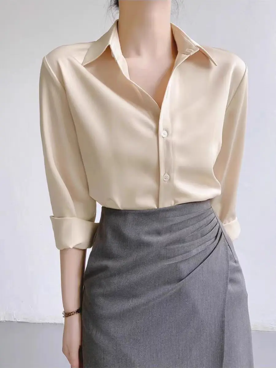 Simple Women\'s Satin Shirts Thin Spring New Solid Color Long Sleeve Advanced Sense Top Office Elegant Ladies Work Wear Fashion