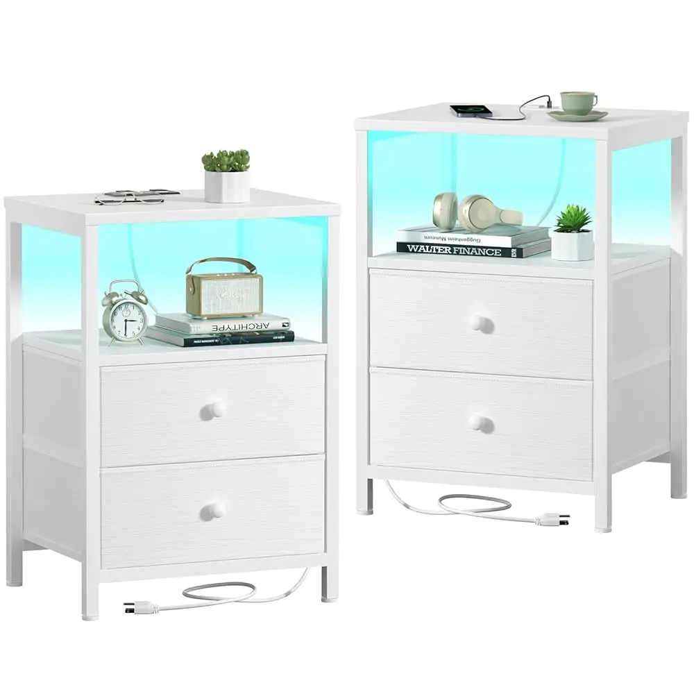 

White Nightstands Set Of 2, Bedroom Night Stand Set Two Nightstand With Charging Station And Led Light, Bedside Table With 2