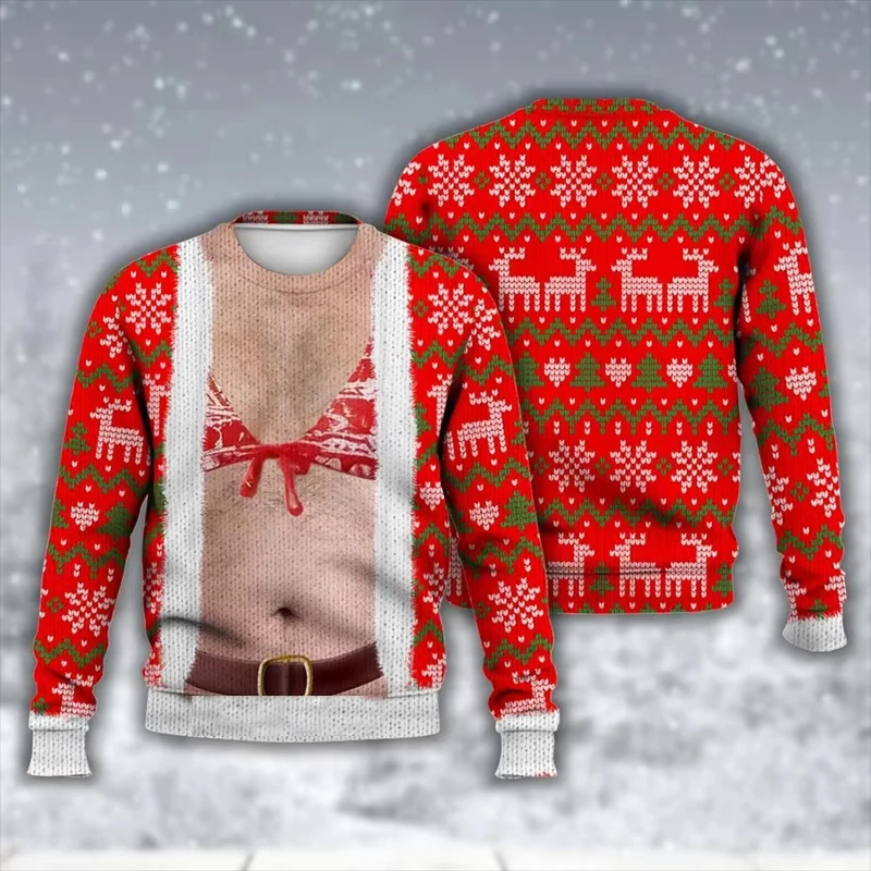 Unisex Ugly Christmas Sweatshirt for Men 3D Printed Funny Fake Muscles Graphic Pullover Sweatshirts Mens Oversized Tracksuit Top