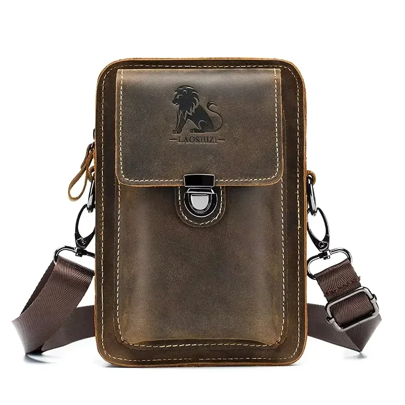 New Crazy Horse Cowhide Men's Multi functional Waist Bag Shoulder Crossover Phone Bag Men's Cross pack