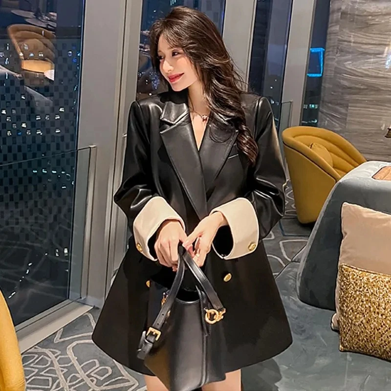 Spring Autumn Women\'s Leather Jacket 2024 New Fashion Loose Leisure Suit Jacket Pu Skin Black Tops Coat Overcoat 3XL Female