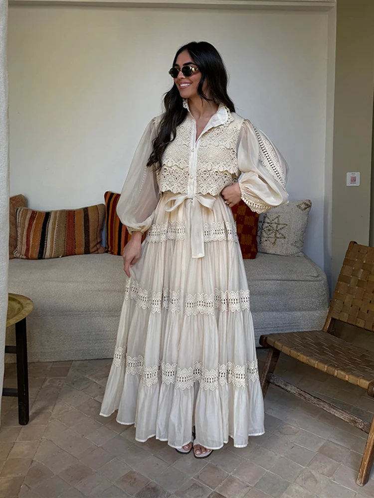 

Lace Hollow Out Flower Dress Pleated Layered Waist Cinched Lace Up Mesh Long Sleeved Lapel Beach Women Long Fluffy Shirt Dresses