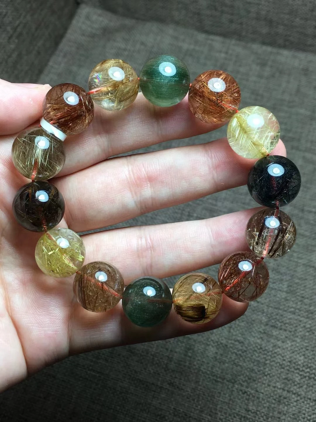 Natural Colorful Copper Rutilated Quartz Bracelet 15mm Gold Green Rutilated Clear Round Women Bracelet AAAAAA