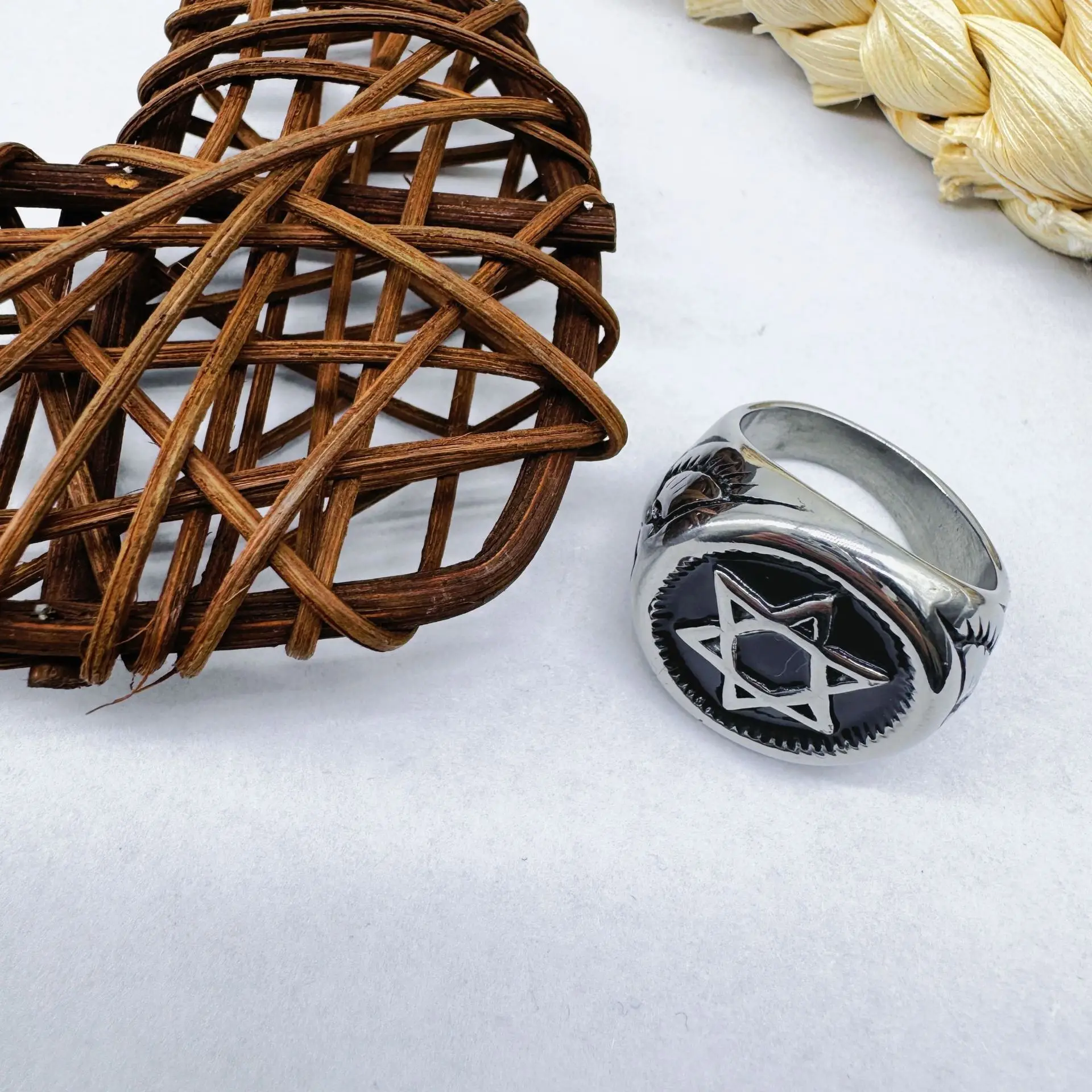 Vintage Star of David Ring for Men Stainless Steel Jewish Eagle Signet Ring Punk Black Enamel Biker Religious Jewelry Gift - view 6