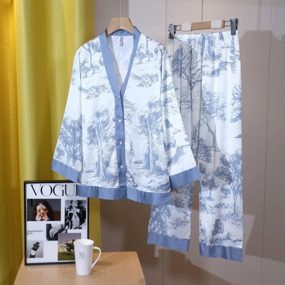 

Ice Silk Floral 2PCS Pajamas Set Women Sleepwear Spring Autumn Homewear Pijamas Suit Long Sleeve Lounge Wear Ladies Pj Sets