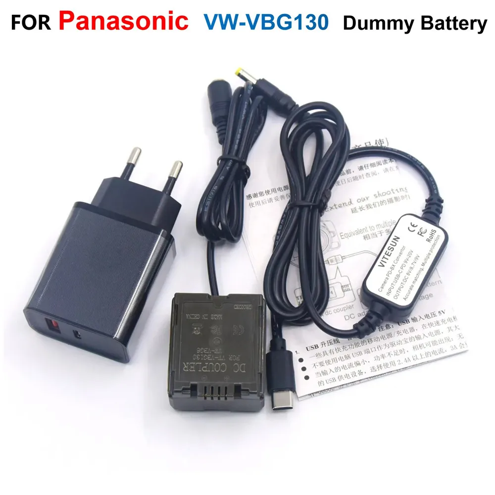 

VW-VBG130 VBG6 Dummy Battery+PD Power Adapter+USB C Cable For Panasonic HS250 SD700 TM200 SDR-H20 HDC-DX1 PV-GS80 VDR-D50 HS600