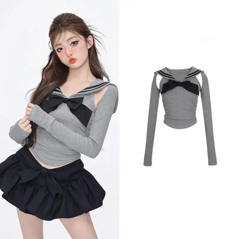 Preppy Style Gothic Y2k Two Pieces Kawaii Clothes Crop Top Mini Skirt Women Hollow Out Long Sleeve T-Shirt Bow Skirt Harajuku