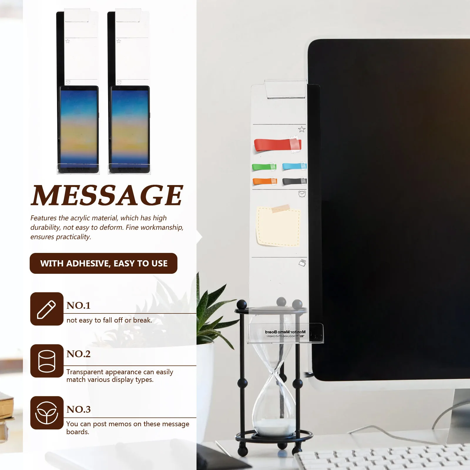 

2pcs Phone Holder Memo Board Set Transparent Monitor Message Organizer For Office Home Use Sticky Notepad Mount Desktop