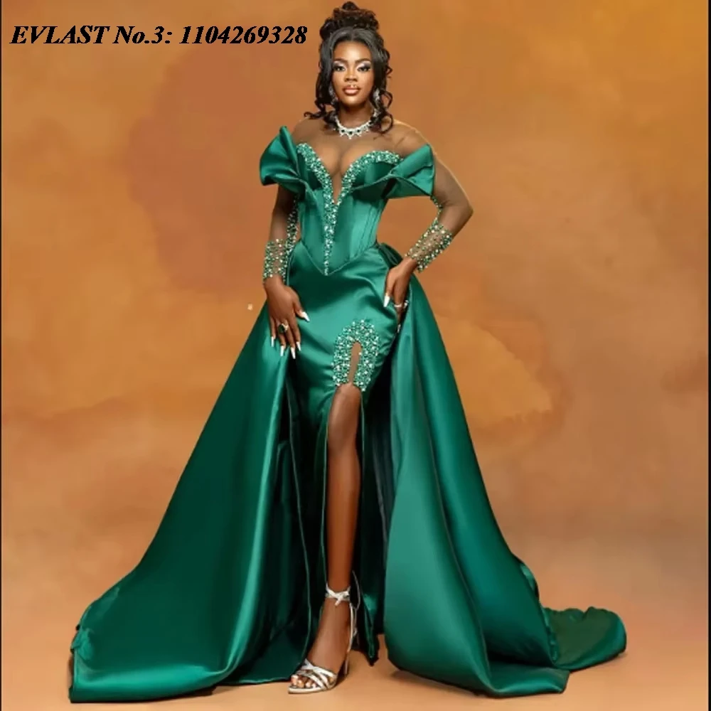 

EVLAST Customized African Aso Ebi Green Mermaid Prom Dress 2026 Major Pearls Crystal Beads Evening Gown Robe De Soirée E3P444