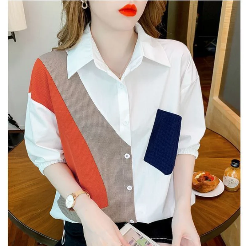 Women Summer New Polo Collar Shirt Commuting Simple Fashion Contrast Splicing Button Pockets Versatile Casual Short Sleeve Tops