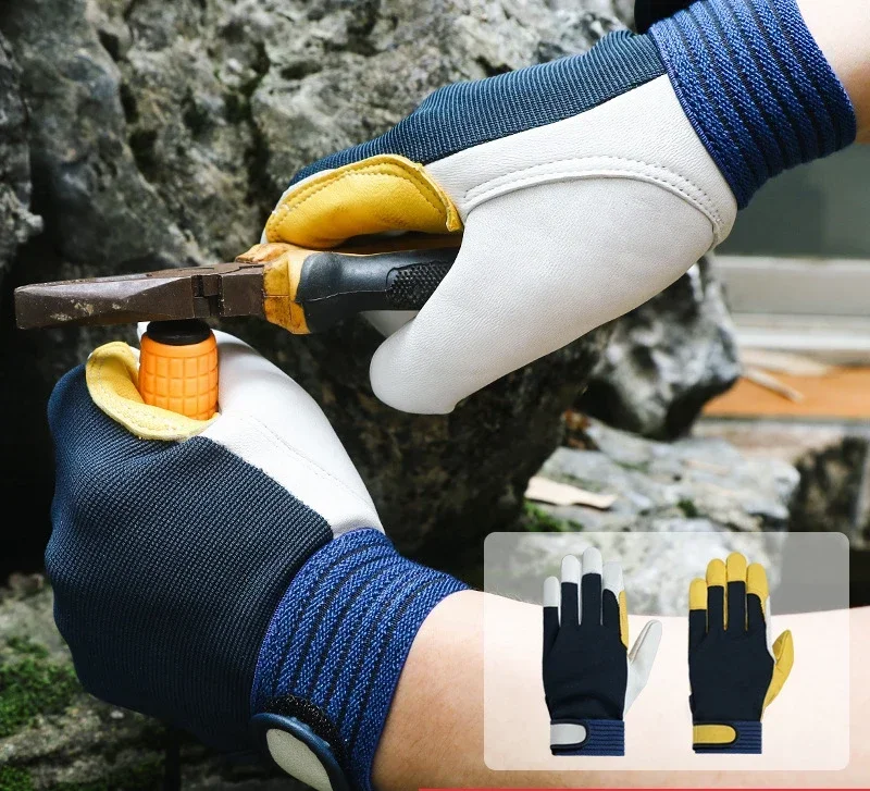 Men's Work Protection Gloves Stretch Tough Grip Leather for Utility Construction Wood Cutting Sheepskin Gardening Hunting Gloves