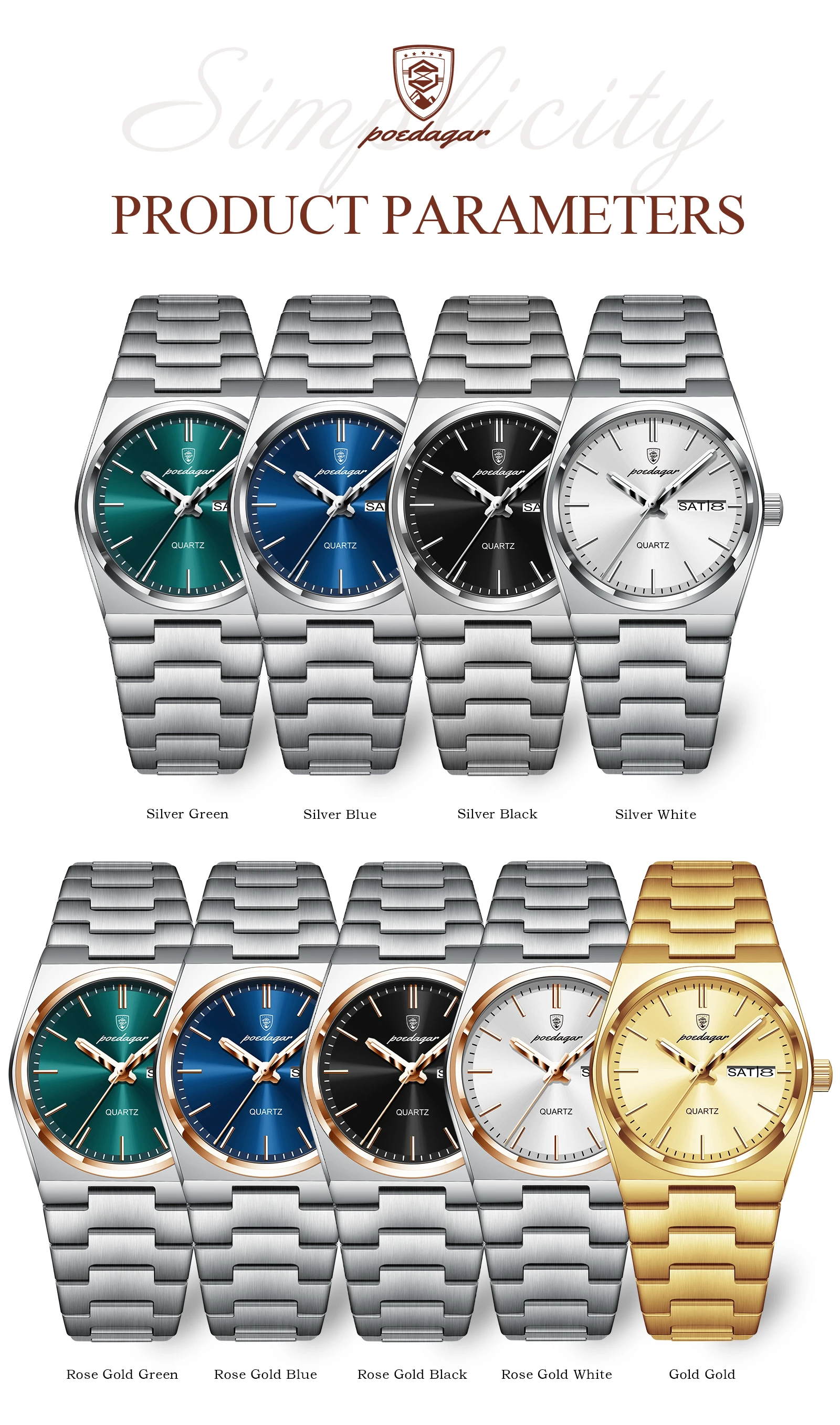 POEDAGAR Elegante Uhren Für Frauen Wasserdicht Leucht Datum Woche Damen Uhr Quarz Edelstahl Frau Mode Armbanduhr – Detail 7