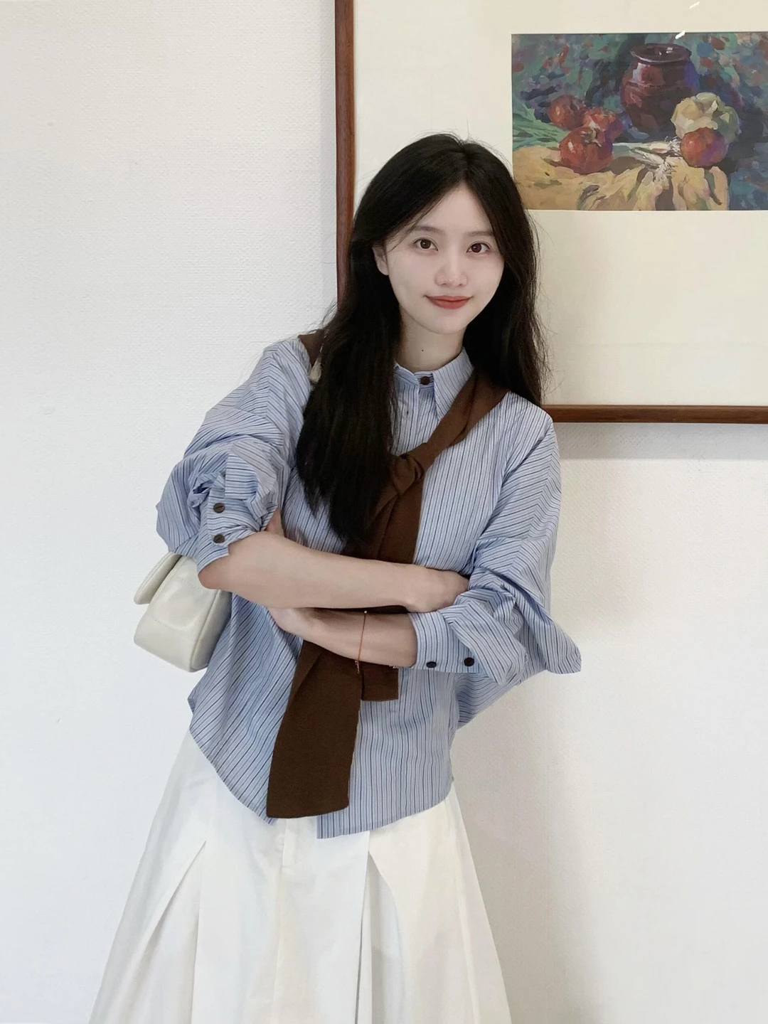 

Blue Striped Long Sleeve Women's Shirt Korean Style Slimming Two-Piece Set Elegant Top Casual Loose Polyester Fiber