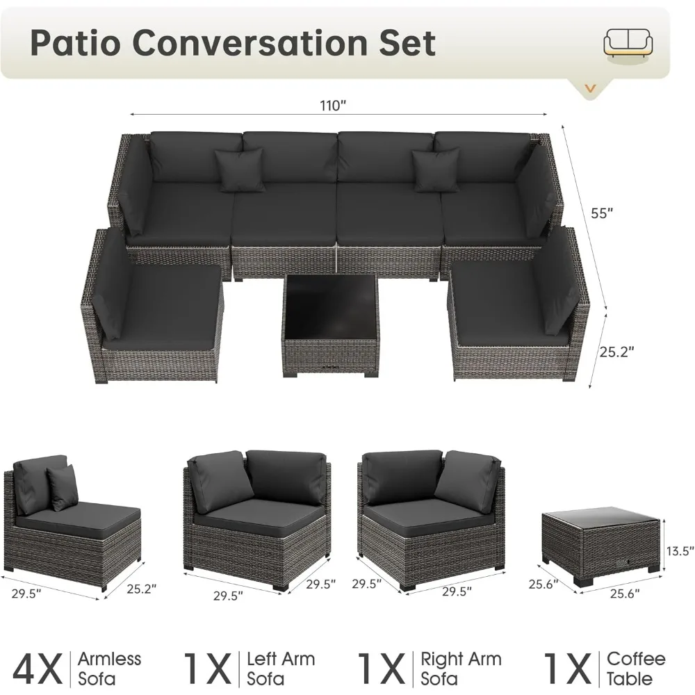 7 Piece Patio Furniture Set, Outdoor Furniture Patio Sectional Sofa, All Weather PE Rattan Outdoor Sectional with Cushion