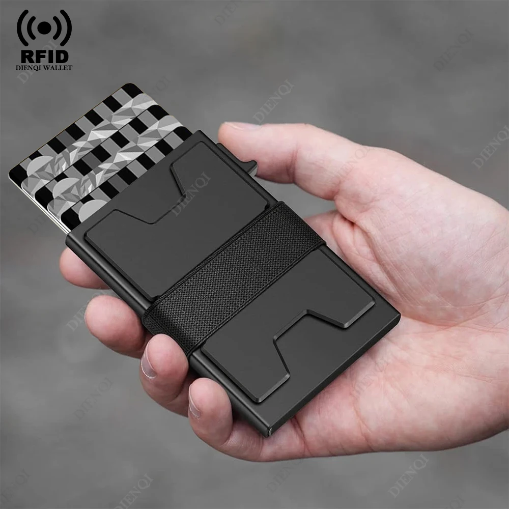 

Тонкий алюминиевый мужской кошелек с блокировкой RFID и держателем для кредитных карт с ремешком для наличных, минималистичный чехол, всплывающие кошельки для карт для мужчин