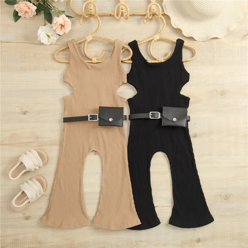 Kids Girls Sleeveless Rompers Solid Color Knitted Ribbed Waist Cutout Jumpsuits Summer Stylish Clothes with Waist Bag, 1-6Years